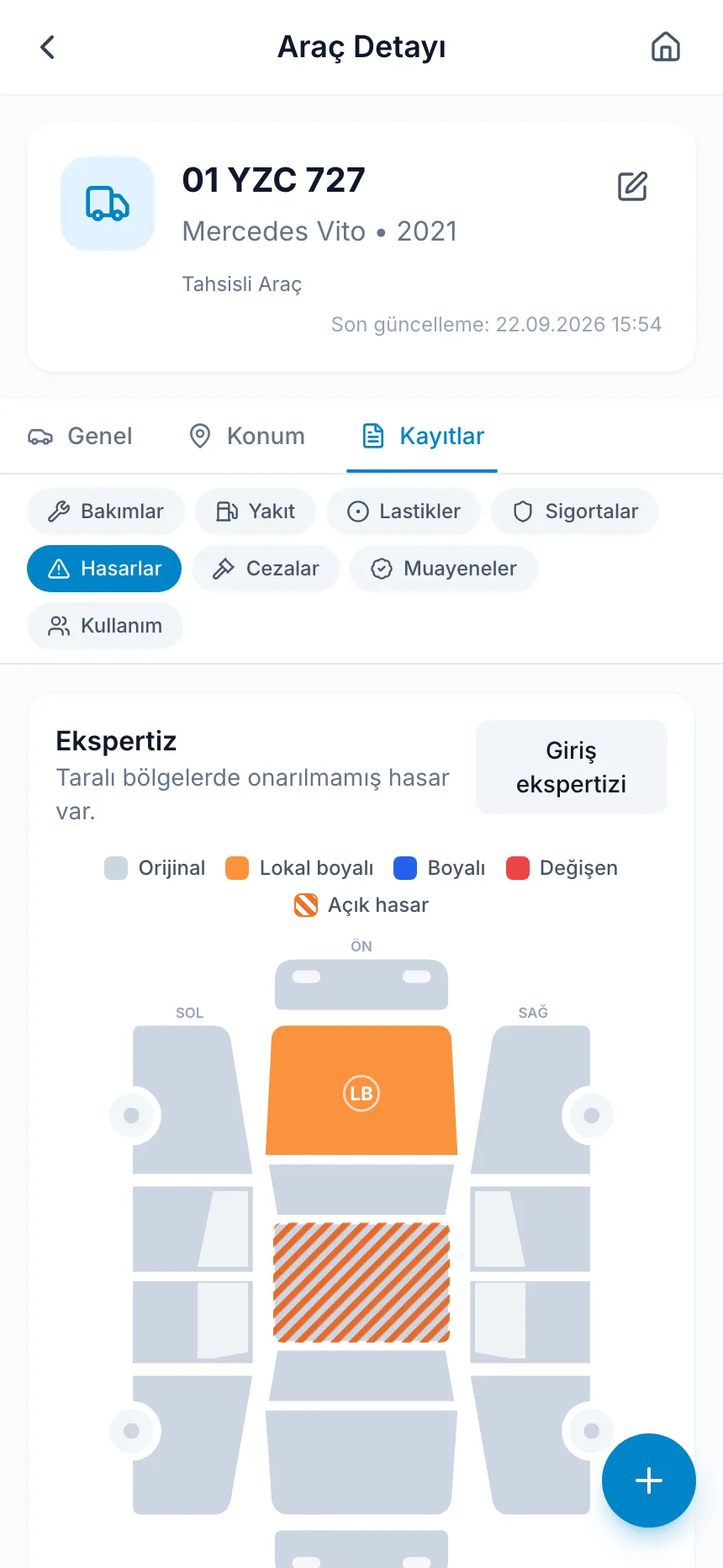 Hasar ve Ekspertiz Takibi ekranı