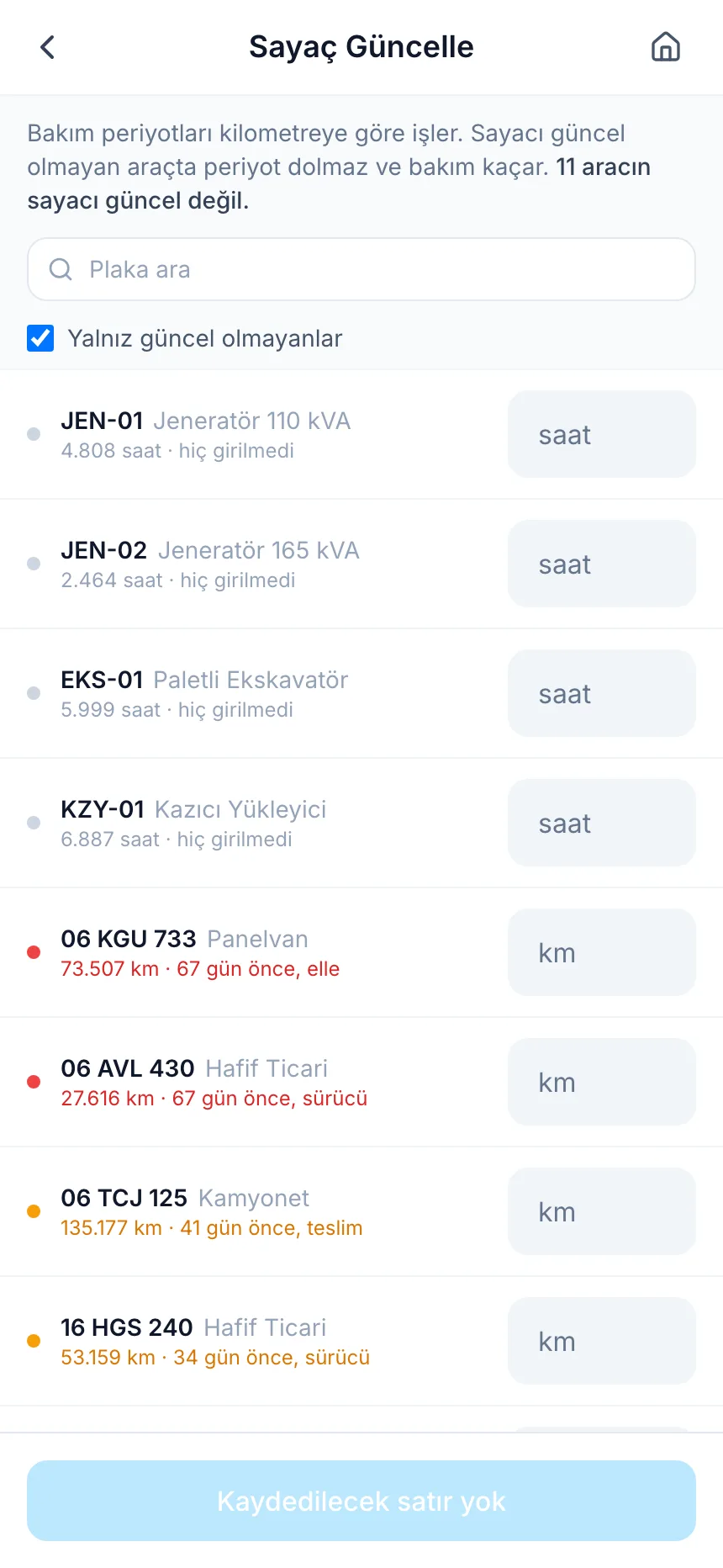 Sayacı eski araçlar tek listede