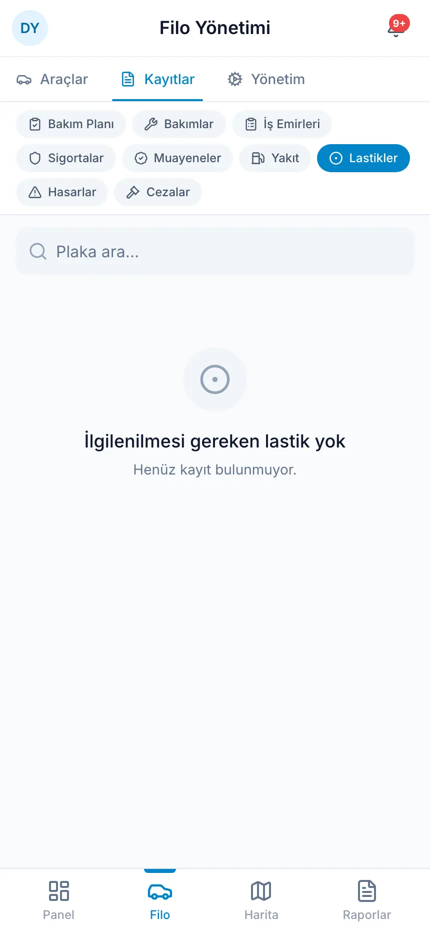 Lastik Yönetimi ekranı