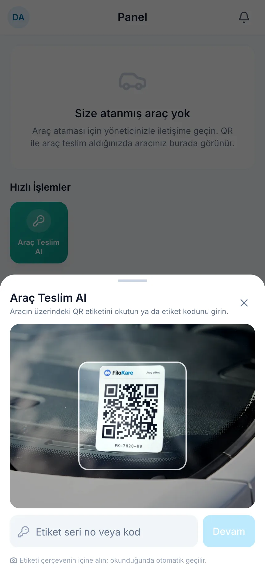 Araç QR ile teslim edilir.