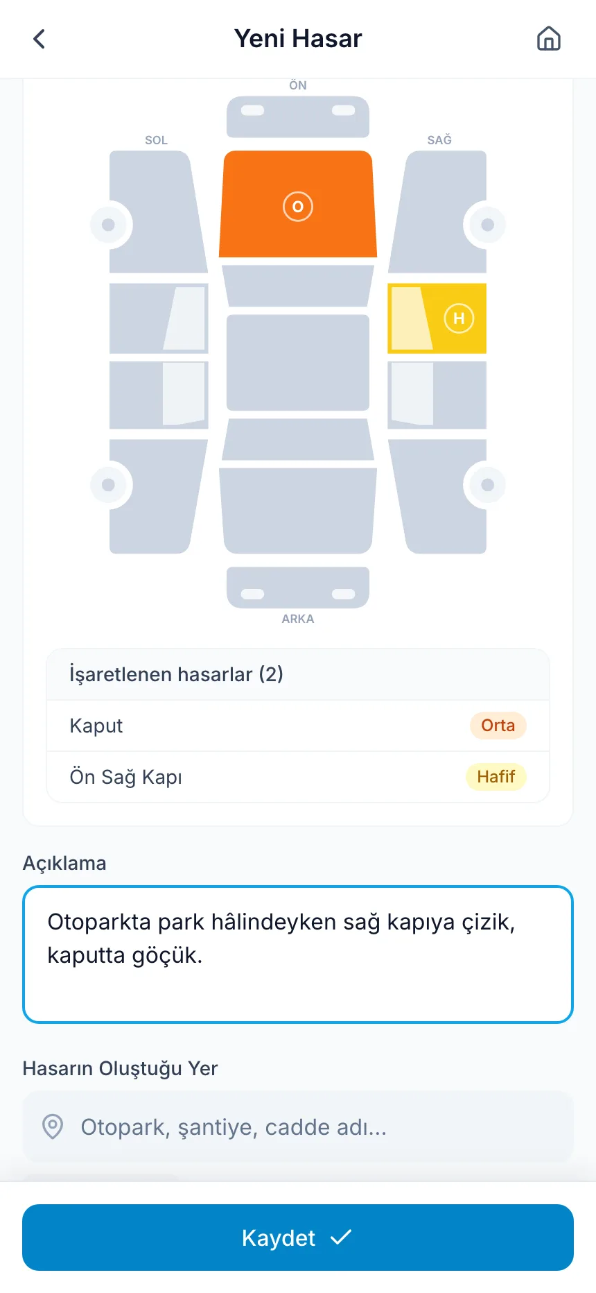 Hasar krokide işaretlenir